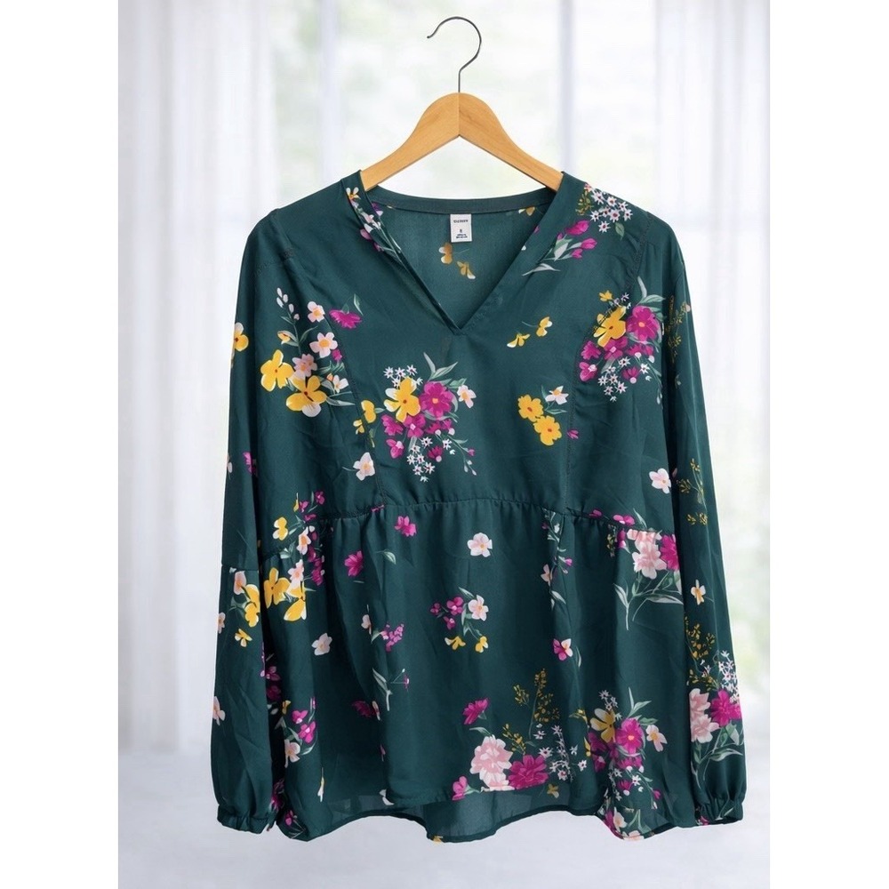 Old Navy Popover Swing Tiered Georgette Top Popover Blouse Green Floral Size XL